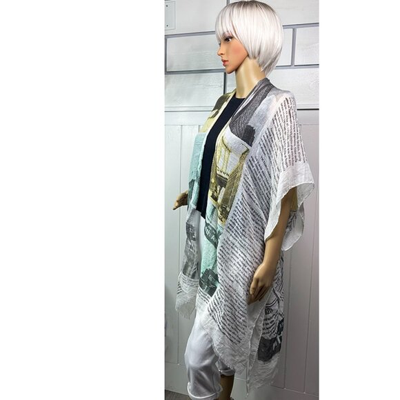 New Newsprint looking Gauze Shawl Vest Kimono Can also use as a Scarf NWOT - Picture 2 of 7